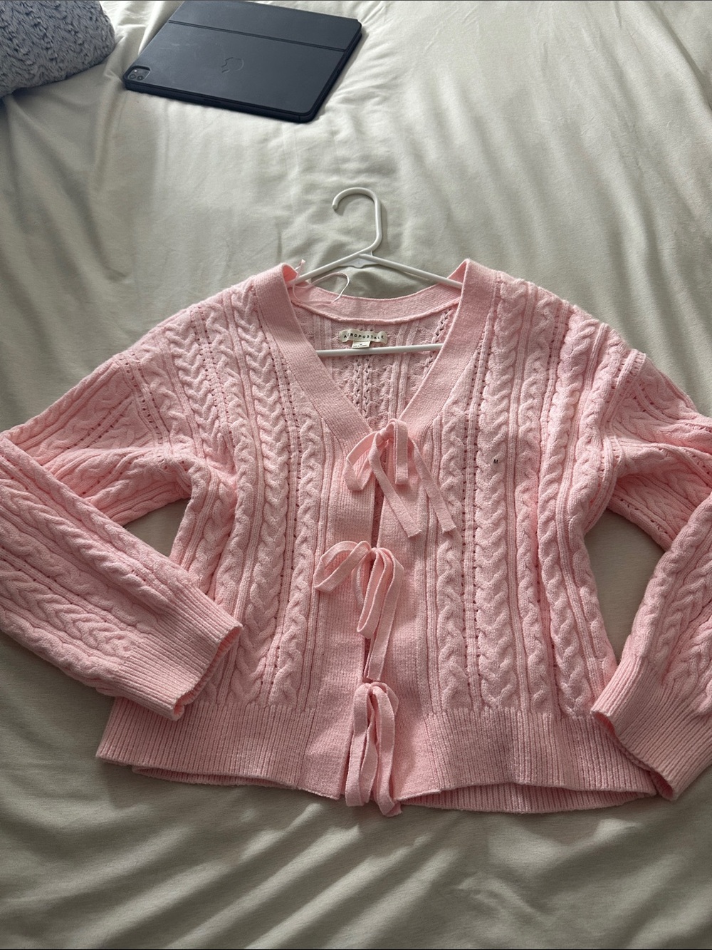 Aeropostale Mixed Pointelle & Cable Reversible Tie-Front Cardigan Pink Medium